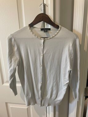 Silk blend (74%) Pale Blue Pearl-Button Cardigan with Metallic Trim quiet luxury